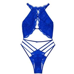 Blue Fishnet Teddy material Floral High-Neck with a key opening NWT size small